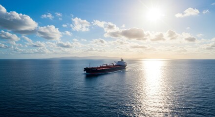 Photograph of a large black oil tanker sailing through the deep blue ocean under a bright sky with scattered white clouds, featuring a red superstructure.

