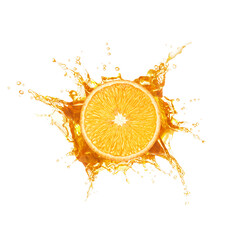 Fresh orange and splashing juice on white background