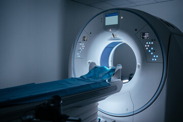 Modern hospital and communication network concept. Medical technology. Magnetic resonance imaging...