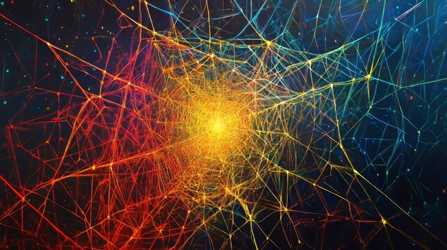 Glowing spiderweb of neon lines suspended in deep cosmic void, abstract futuristic art