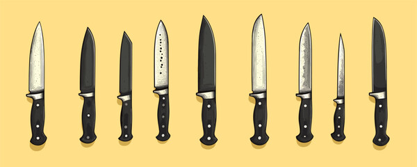 Flat kitchen knives icons set vector – diverse knife collection on yellow background.