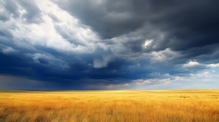 Fototapeta premium A vast open field under a dramatic cloudy sky