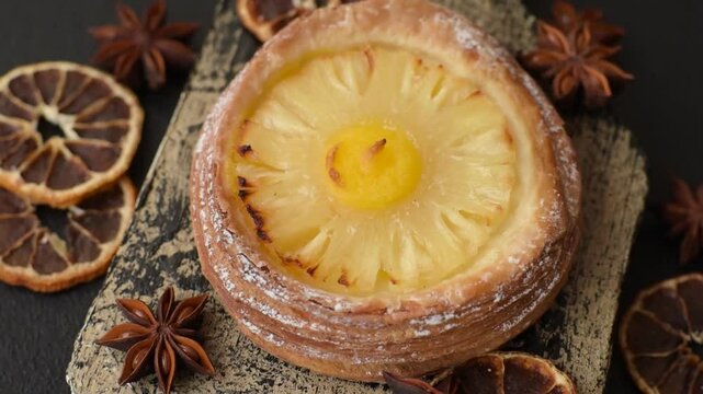 Sweet round tart with pineapple on a dark concrete background