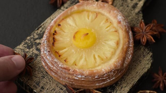 Sweet round tart with pineapple on a dark concrete background