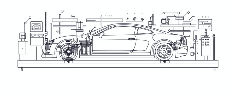 Linear flat car engineering icons set - detailed automotive vector illustration.