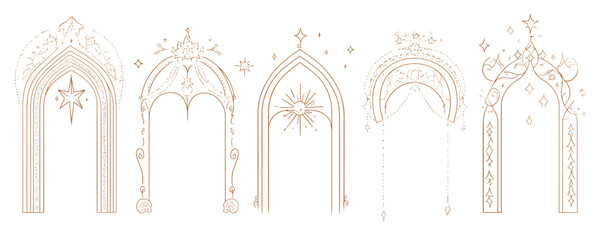Flat linear arch icons set with stars and celestial designs.