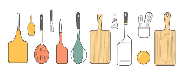 Obraz premium Flat icons set of kitchen utensils in linear style - vector.