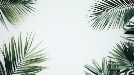 Lush green palm leaves framing a serene background, creating a tropical ambiance.