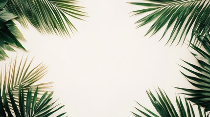 A vibrant arrangement of lush green tropical leaves framing a light background.