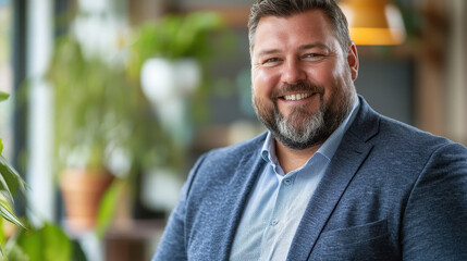 Fototapeta premium Plus-size businessman delivers an engaging presentation in a modern office setting, showcasing confidence and professionalism in a diverse corporate environment