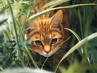 A wild cat sneaking through tall grass in the jungle