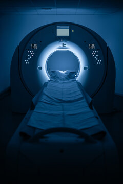 Medical CT or MRI or PET Scan Standing in the Modern Hospital Laboratory. Technologically Advanced and Functional Mediсal Equipment in a Clean White Room. Vertical, social media advertising