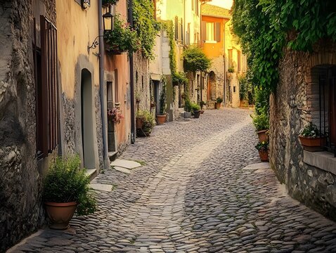 Fototapeta A winding cobblestone street in an old   town