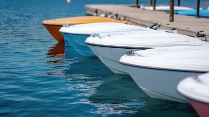 Naklejka premium Colorful boats moored on a lake dock. Possible use Stock photo for travel, leisure, or recreation