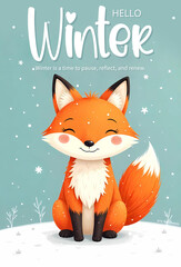 Obraz premium Hello Winter poster with cute fox sits on a snowy landscape03