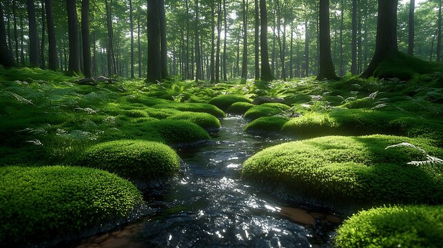 A tranquil forest stream with moss-covered rocks, dappled sunlight filtering through dense greenery.