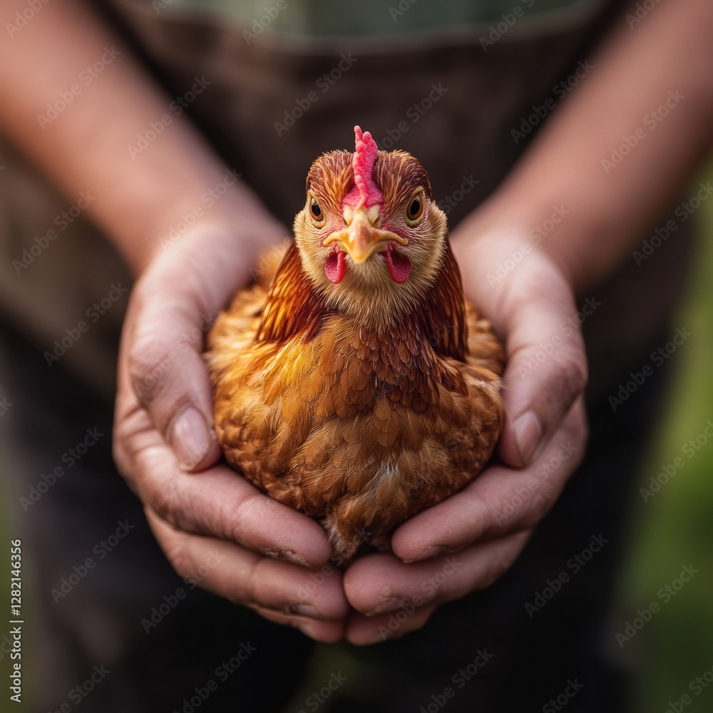 Poster chicken being held gently in hands outdoors on a sunny day in a rural setting surrounded by greenery