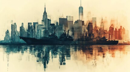 Naklejka premium Warships stand against an artistic representation of the New York skyline