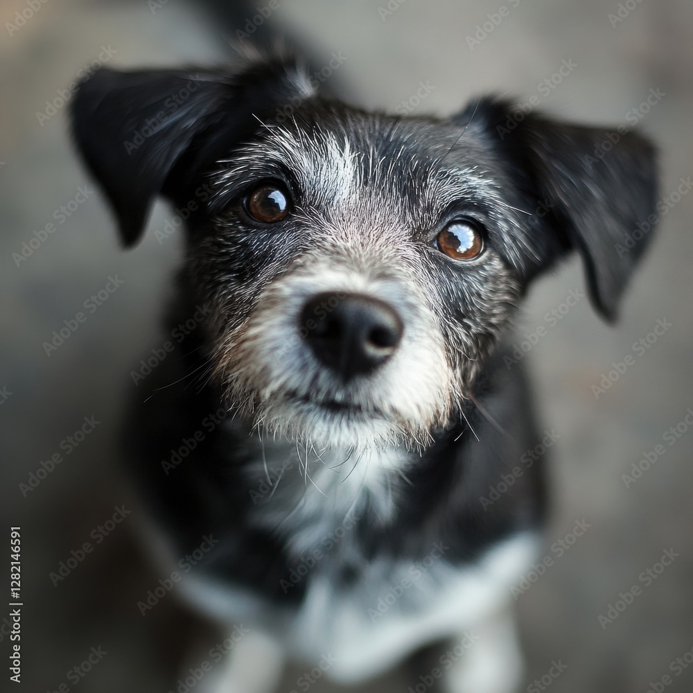 Poster curious black and white dog looking up with bright eyes in a cozy indoor setting during afternoon. g