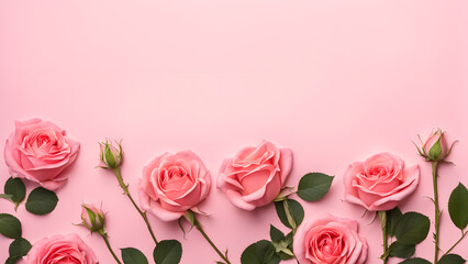 Fototapeta premium Pink roses are arranged in a row on a pink background
