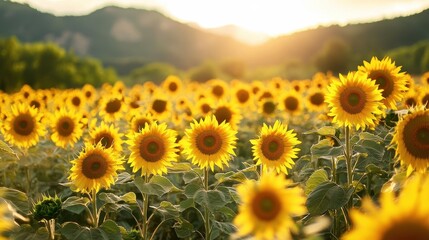 Fototapeta premium A vibrant field of sunflowers basking in golden sunlight, creating a cheerful and serene atmosphere.