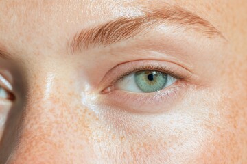 Fototapeta premium Close-up of a woman face, green eye with long lashes, natural freckles, and well-groomed eyebrows, symbolizing beauty, skincare, and authenticity