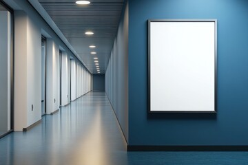 Fototapeta premium Blank poster on blue wall in modern office hallway.