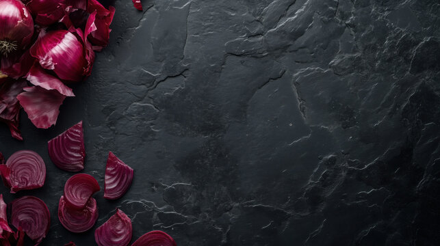 Sliced Red Onions Neatly Arranged in the Bottom-Left Corner of a Black Stone Board, Leaving the Upper-Right Side Open for Text Placement copy space