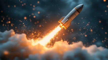 A rocket launches into a dramatic sky, leaving a trail of fire and smoke amidst clouds