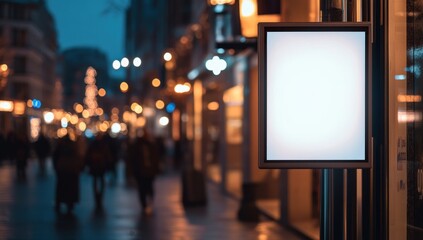 Blank signboard on city street at night.