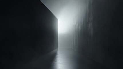 A mysterious hallway shrouded in mist, with a faint light illuminating the dark space ahead.