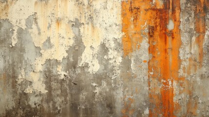 A textured concrete wall displaying a blend of weathered gray, peeling paint, and rust stains, creating an industrial aesthetic.