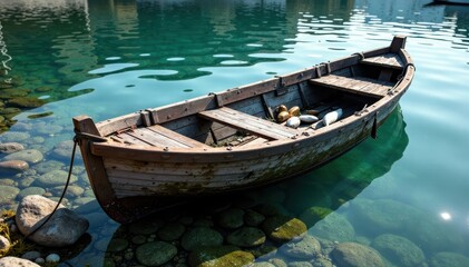 Obraz premium Old wooden boat on dock with fish and seaweed , boats, seaweed