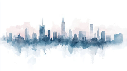 Naklejka premium Watercolor City Skyline with Soft Pastel Colors and Clouds