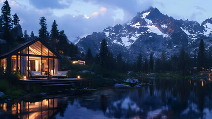 Fototapeta premium Mountain lake cabin twilight view, relaxing vacation