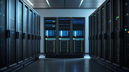 Technology & Digital Trends concept, High tech server room with illuminated data storage units and cables