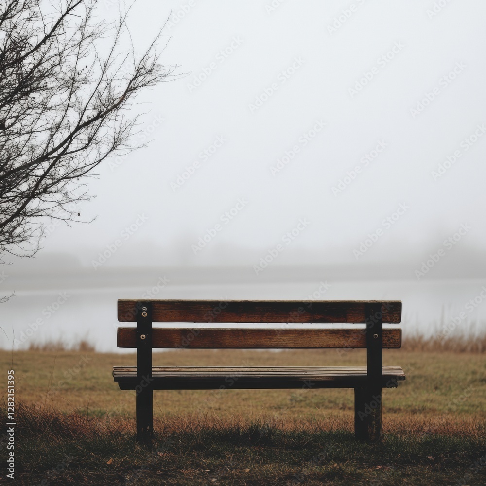 Poster misty lake view with a solitary bench surrounded by fog and grass in early morning light. generative