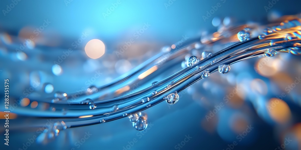 Poster Flowing water waves with floating droplets against blurred blue and orange bokeh background creating dynamic abstract macro composition.