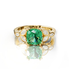 Classic yellow gold ring with a vibrant emerald, accentuated by marquise and round diamonds. A luxurious, timeless masterpiece.