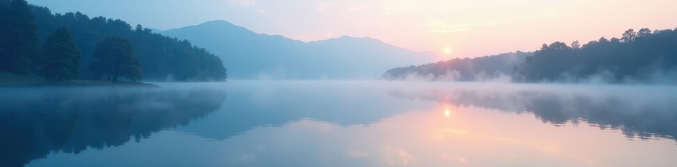 Soft blue mist rises from a serene lake at dawn, white, misty