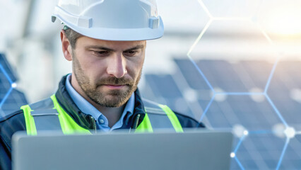 Technology & Digital Trends concept, Engineer working on renewable energy project with solar panels