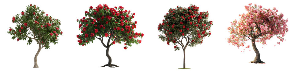 Fototapeta premium Blooming Apple Trees with Red and Pink Flowers – Lush Fruit Tree Illustration for Nature and Seasonal Design – Isolated on Transparent Background