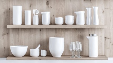 White ceramic kitchenware on wooden shelves