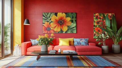 modern interior with vibrant floral accents, inviting and dynamic atmosphere, detailed and textured composition, warm and cheerful tones