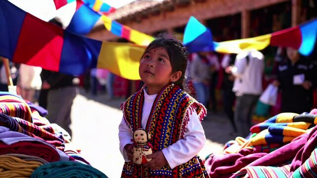 A Colorful Child Dressed in a Traditional Outfit at a Vibrant Local Market Scene