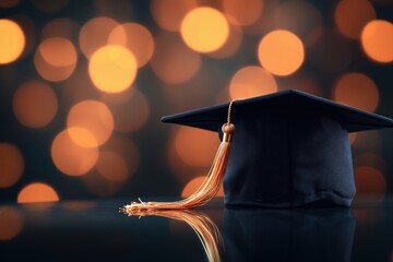 A black graduation cap with a golden tassel on a reflective surface against a blurred orange background.