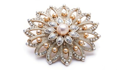 Fototapeta premium Pearl and Diamond Brooch on White Background