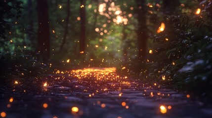 Naklejka premium Mystical forest path with glowing particles, peaceful and inviting, magical atmosphere, high detail, natural and rich, dreamy and engaging, soft and warm