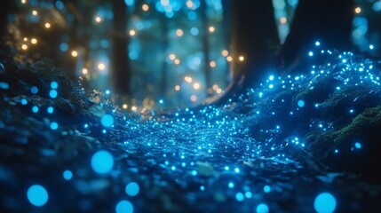Mystical forest with glowing blue particles, magical and peaceful, deep natural environment, enchanted and serene, vibrant and detailed, soft and inviting