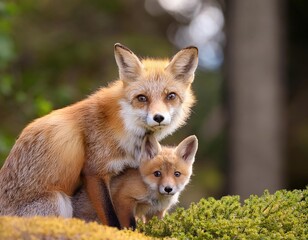 Fototapeta premium Mother fox and her cub play together in a lush forest during golden hour